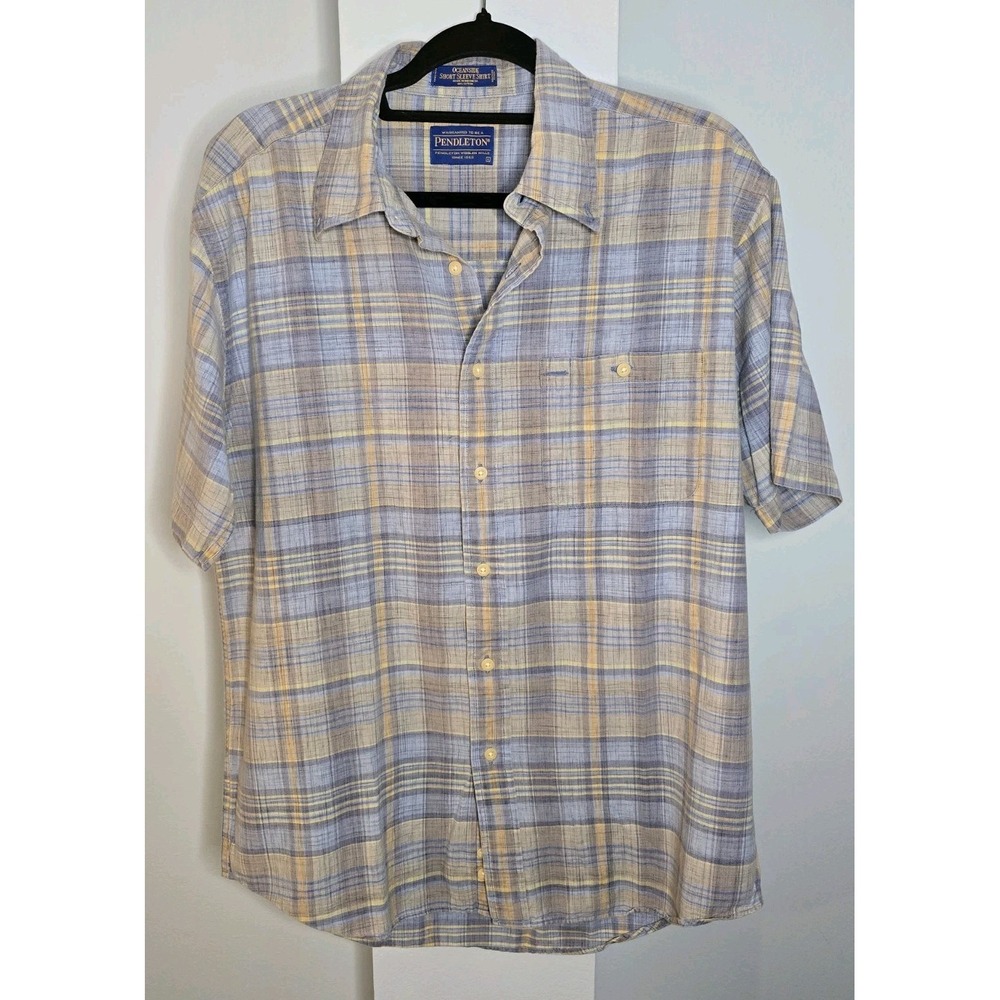 Pendleton Oceanside Button Down Shirt Mens L Blue‎ Plaid Short Sleeve Casual